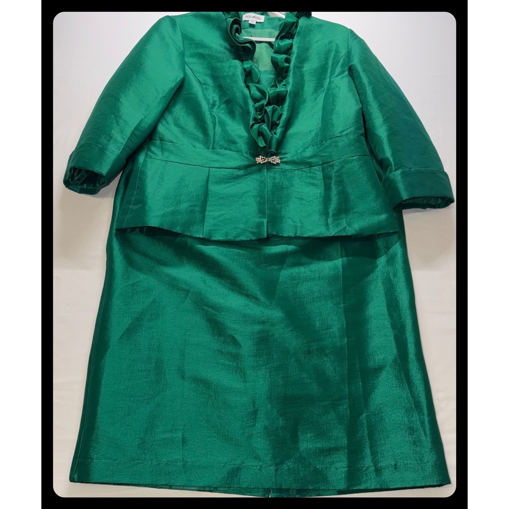 Nicolette Skirt Suit Women 16 Green Ruffle Rhinestone Formal Church